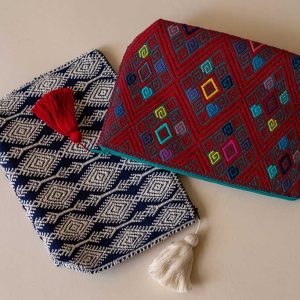Flat backstrap loom embroidered cosmetic pouch