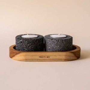 Set of 2 Matte Stone Candle Holders with Wooden Base