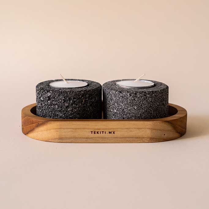 Set of 2 Matte Stone Candle Holders with Wooden Base