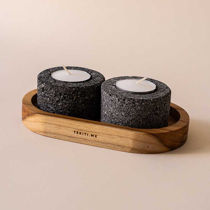 Set of 2 Matte Stone Candle Holders with Wooden Base - Image 2