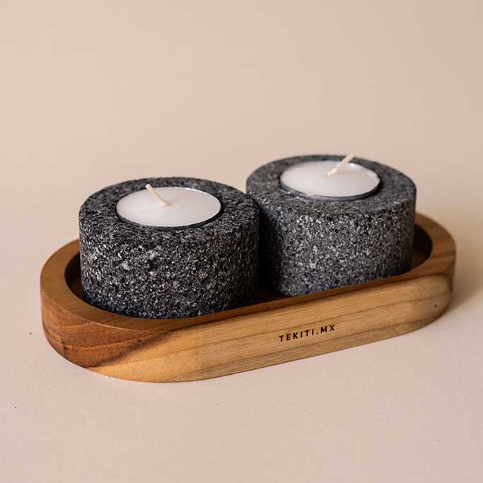 Set of 2 Matte Stone Candle Holders with Wooden Base - Image 3